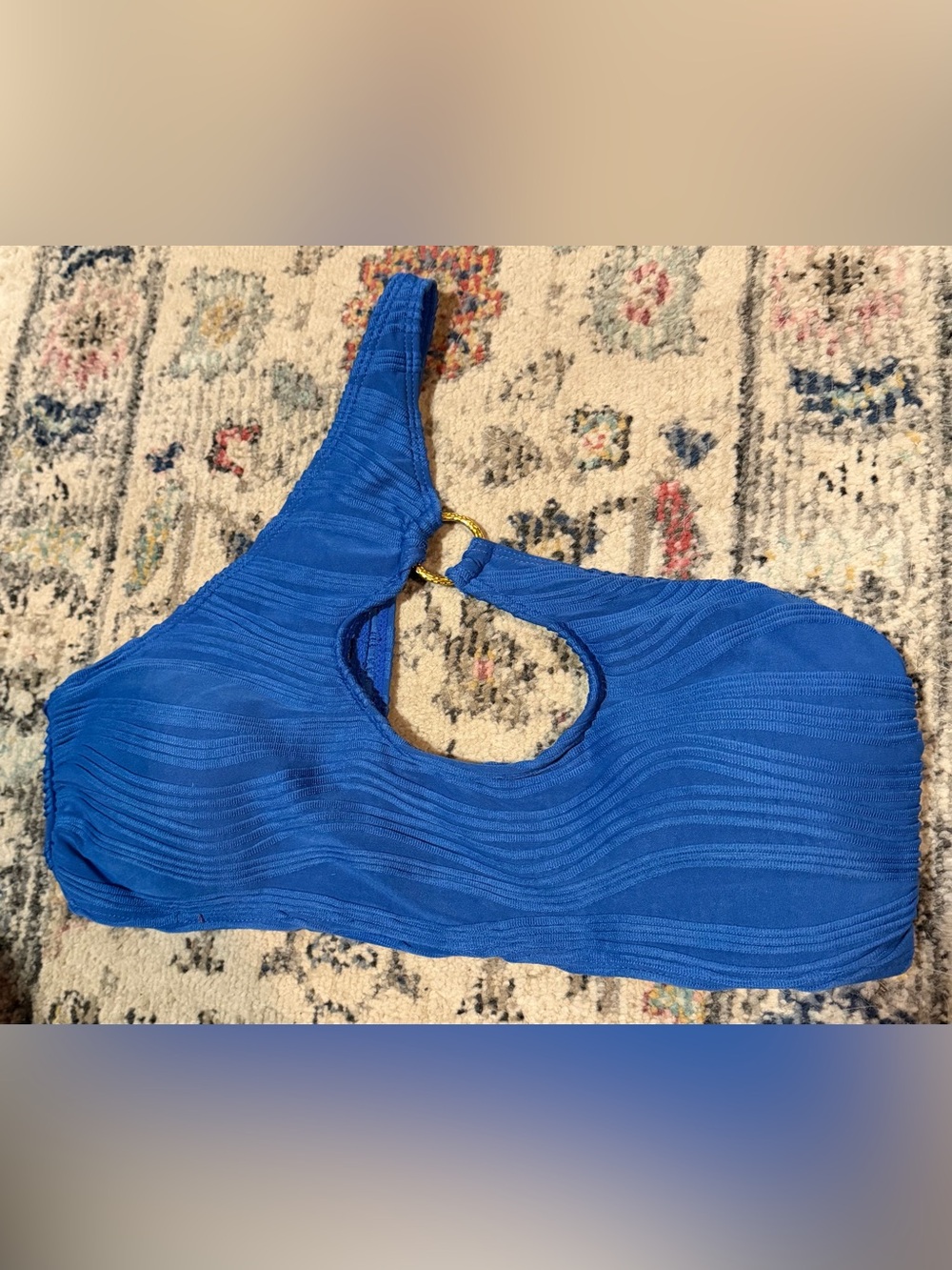 SHEIN Royal Blue Textured One-Shoulder Bodysuit with Gold Ring